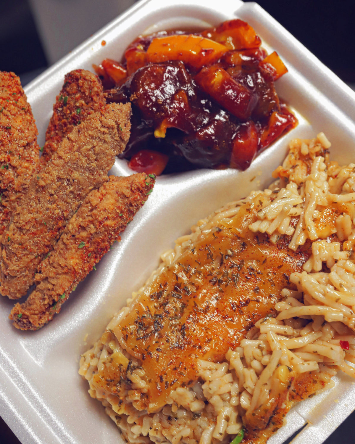 Macaroni | Squash Strips | BBQ Meatballs